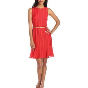Donna Morgan Jacquard Dress Crew Neck Sleeveless Zipper Back Belted Red Size 6